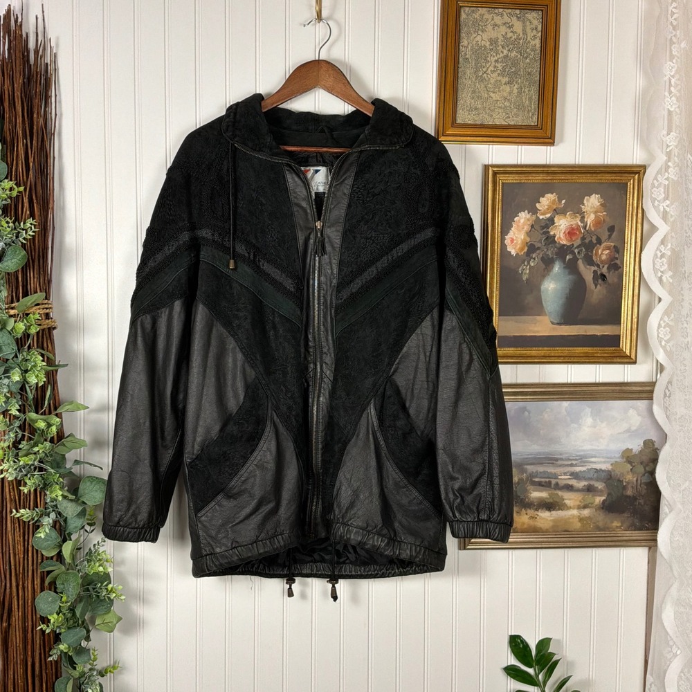 Wilsons Leather Jacket Womens Large Black Excellent Vintage Suede Mixed Media
